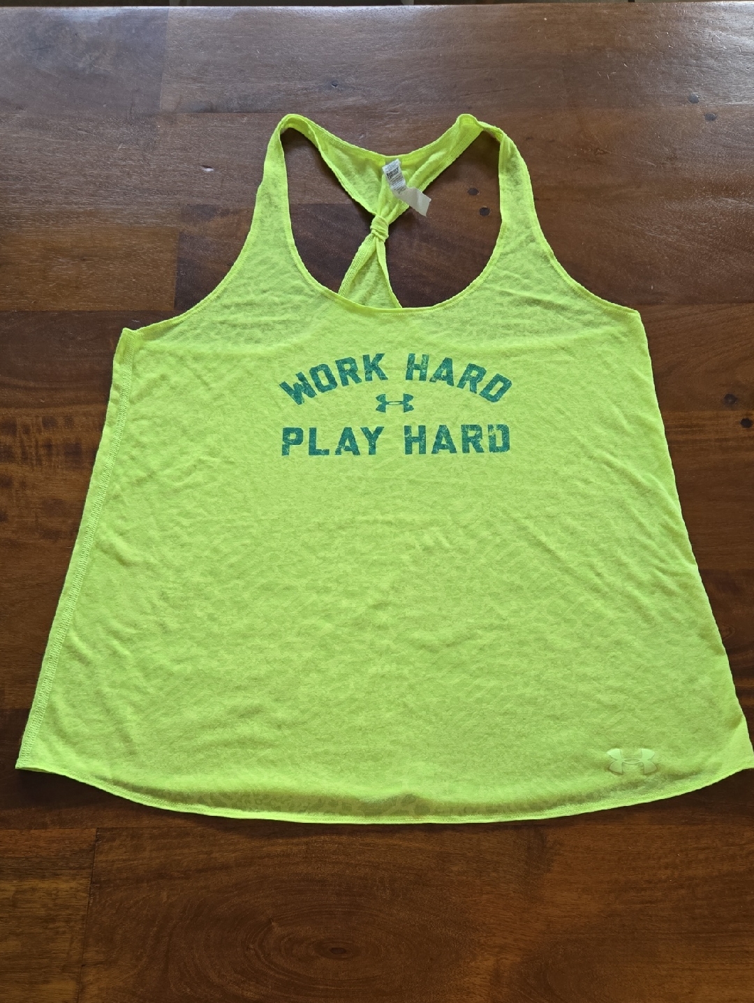 Under Armour Neon Yellow Racerback Tank With 'Work Hard Play Hard' Graphic Large
